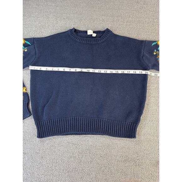 Cloth Sweater Crewneck Floral Embroidered Cropped Knit Navy Size XS - Picture 4 of 8